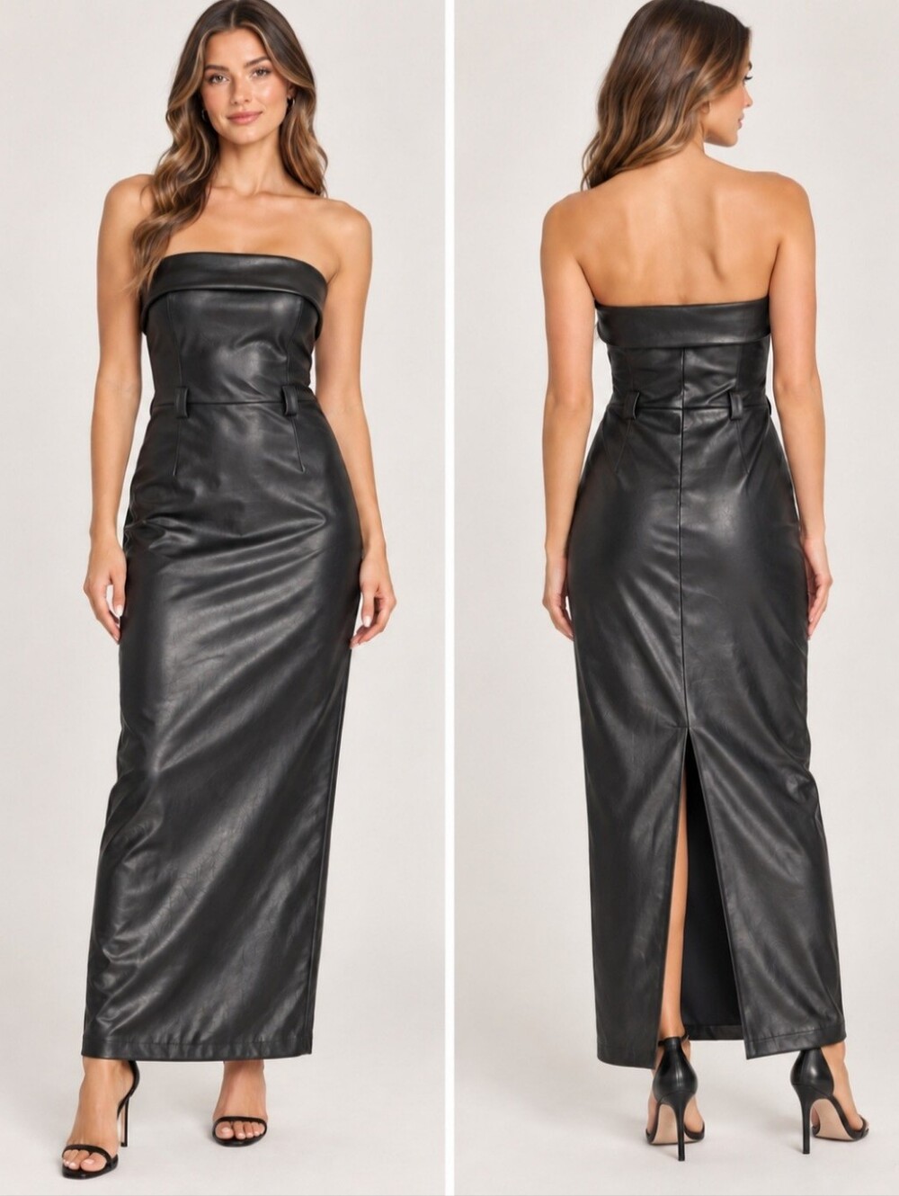Black Faux Leather Strapless Bodycon Maxi Dress High Slit Y2K Evening